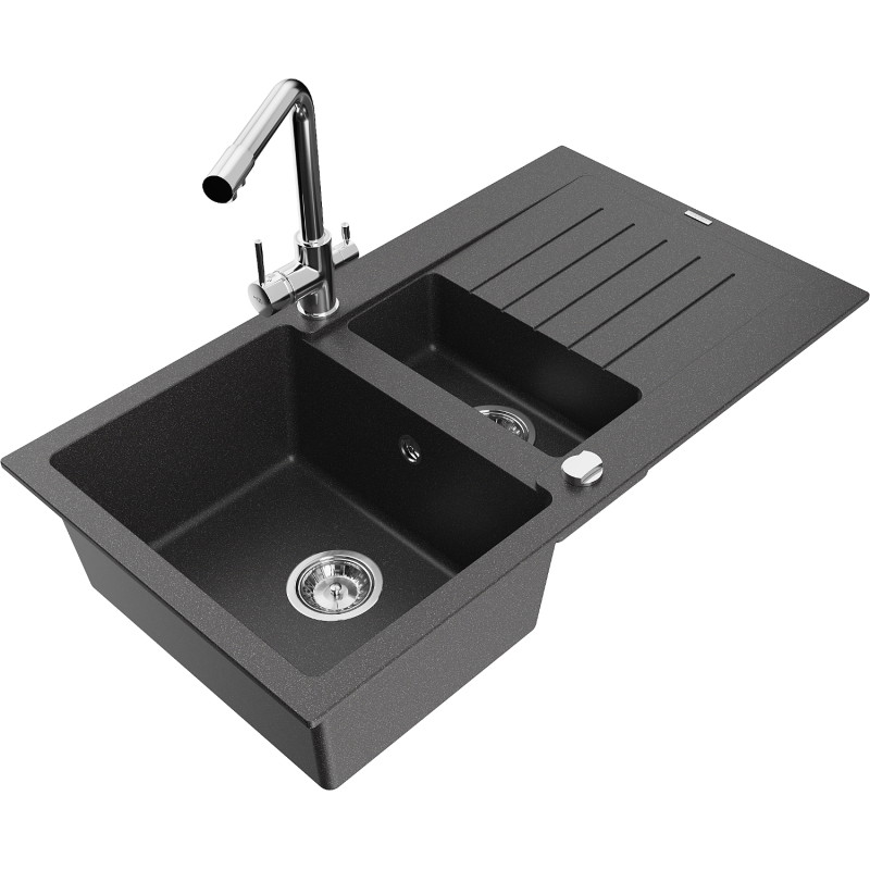 Mexen Matias 1.5-bowl granite sink with drainer and Duero kitchen faucet, black speckled - 6502-76-671600-00