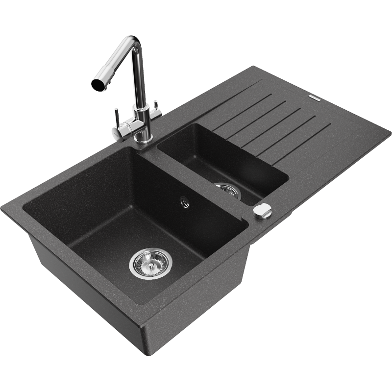 Mexen Matias 1.5-compartment granite sink with a drip tray and kitchen mixer tap Duero, spotted black - 6502-76-671600-00