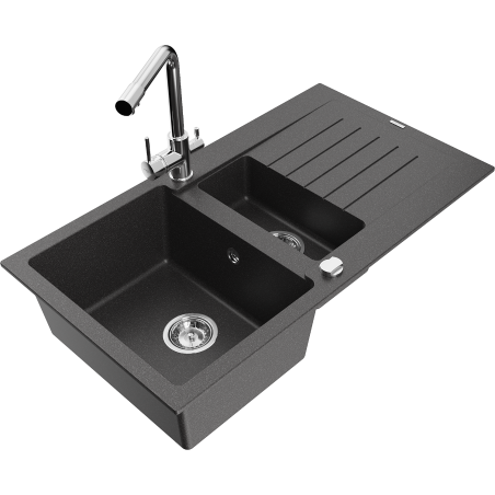Mexen Matias granite sink 1.5-bowl with drainer and Duero kitchen faucet, black speckled - 6502-76-671600-00