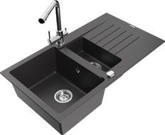 Mexen Matias 1.5-compartment granite sink with a drip tray and kitchen mixer tap Duero, spotted black - 6502-76-671600-00