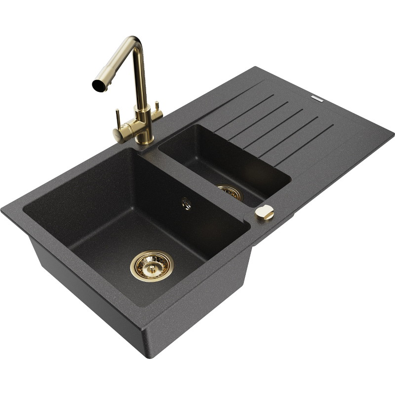 Mexen Matias granite sink 1.5-bowl with drainer and Duero kitchen faucet, speckled black - 6502-76-671600-50