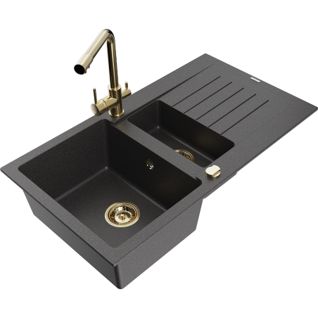 Mexen Matias granite sink 1.5-bowl with drainer and Duero kitchen faucet, speckled black - 6502-76-671600-50