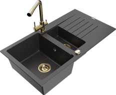 Mexen Matias granite sink 1.5-bowl with draining board and Duero kitchen tap, speckled black - 6502-76-671600-50