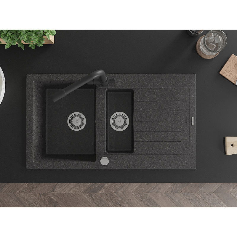 Mexen Matias granite sink 1.5-bowl with drainer and Duero kitchen tap, black speckled - 6502-76-671600-70