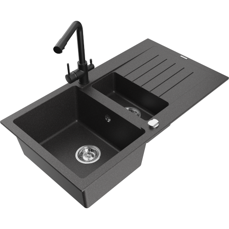 Mexen Matias 1.5-compartment granite sink with a drip tray and kitchen mixer tap Duero, spotted black - 6502-76-671600-70