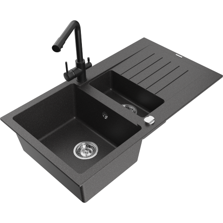 Mexen Matias granite sink 1.5-bowl with drainer and kitchen faucet Duero, black speckled - 6502-76-671600-70