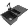 Mexen Matias granite sink 1.5-bowl with drainer and Duero kitchen tap, black speckled - 6502-76-671600-70