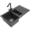 Mexen Matias granite sink 1.5-bowl with drainer and kitchen faucet Duero, black speckled - 6502-76-671600-70