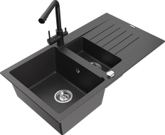 Mexen Matias 1.5-bowl granite sink with drainer and Duero kitchen faucet, speckled black - 6502-76-671600-70