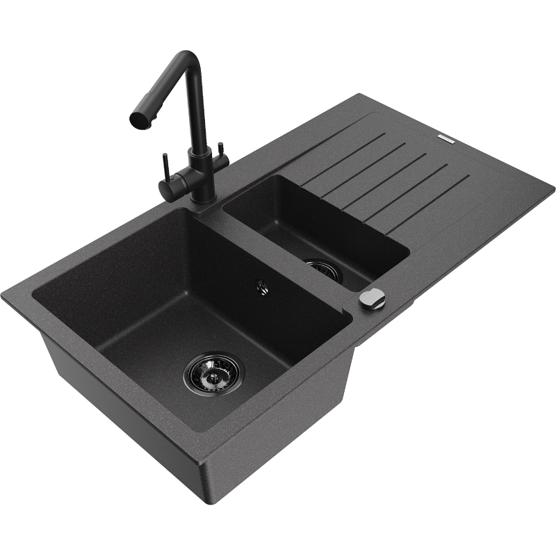 Mexen Matias granite sink 1.5-bowl with drainer and Duero kitchen tap, speckled black - 6502-76-671600-70-B