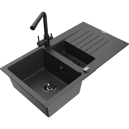 Mexen Matias granite kitchen sink 1.5-bowl with drainer and Duero kitchen faucet, black speckled - 6502-76-671600-70-B