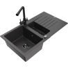 Mexen Matias granite kitchen sink 1.5-bowl with drainer and Duero kitchen faucet, black speckled - 6502-76-671600-70-B