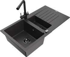 Mexen Matias granite sink 1.5-bowl with drainer and Duero kitchen tap, speckled black - 6502-76-671600-70-B