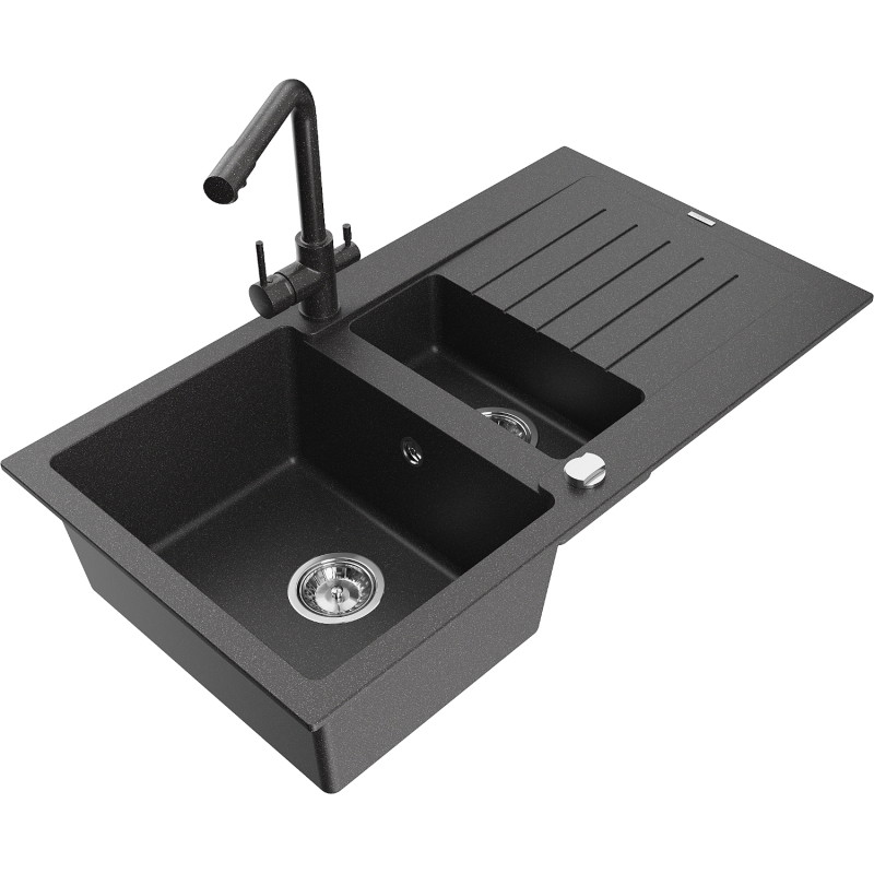 Mexen Matias granite sink 1.5-bowl with drainer and Duero kitchen faucet, black speckled - 6502-76-671600-76