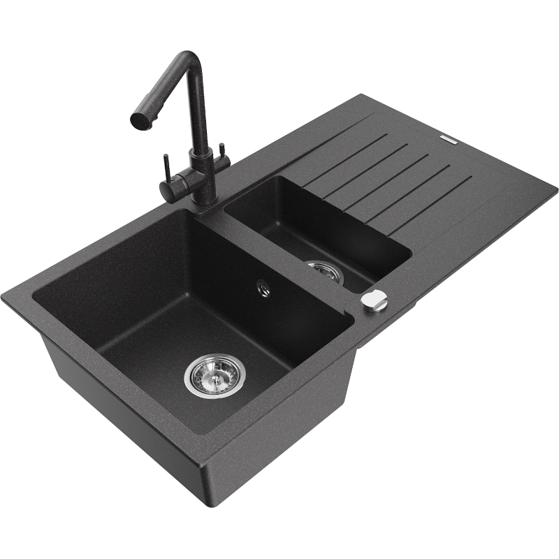 Mexen Matias granite sink 1.5-bowl with drainer and Duero kitchen tap, black speckled - 6502-76-671600-76