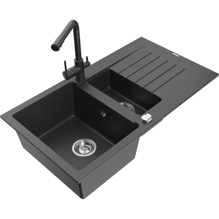 Mexen Matias granite sink 1.5-bowl with drainer and Duero kitchen tap, black speckled - 6502-76-671600-76
