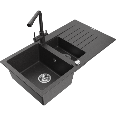 Mexen Matias granite sink 1.5-bowl with drainer and kitchen faucet Duero, black speckled - 6502-76-671600-76