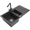 Mexen Matias granite sink 1.5-bowl with drainer and Duero kitchen faucet, black speckled - 6502-76-671600-76