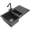Mexen Matias granite sink 1.5-bowl with drainer and kitchen faucet Duero, black speckled - 6502-76-671600-76