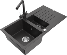 Mexen Matias granite sink 1.5-bowl with drainer and kitchen faucet Duero, black speckled - 6502-76-671600-76
