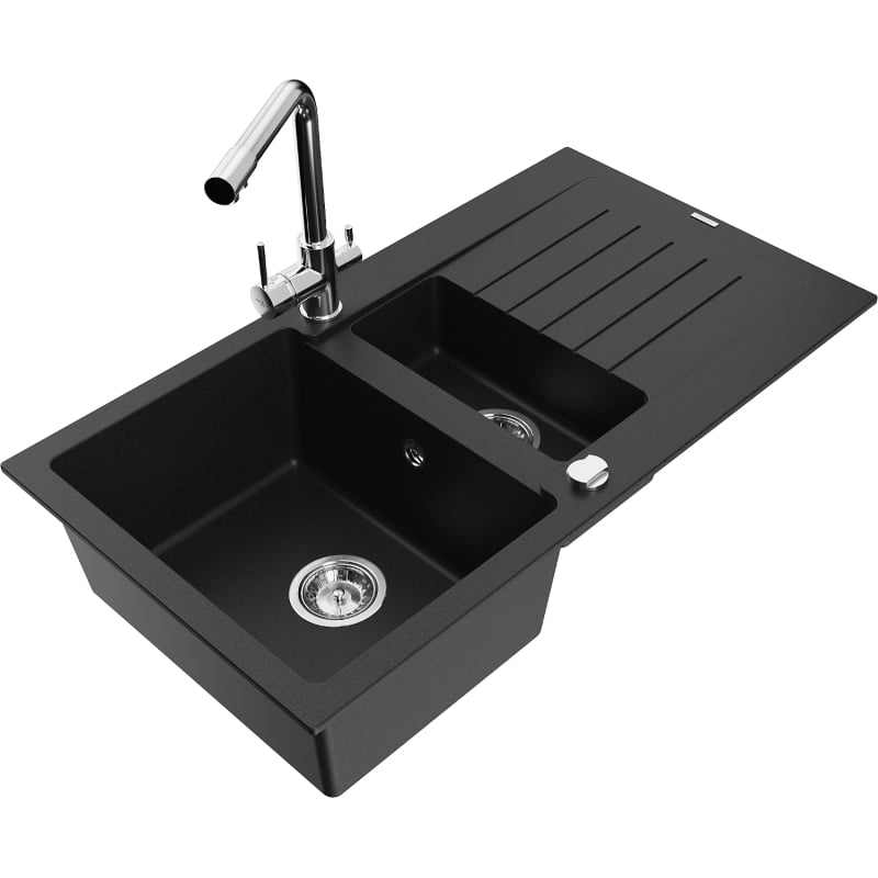 Mexen Matias 1.5-bowl granite sink with drainer and Duero kitchen faucet, black - 6502-77-671600-00