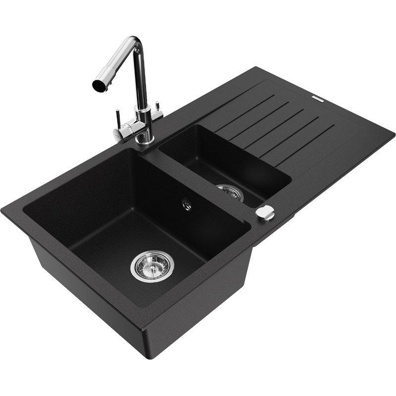 Mexen Matias granite sink 1.5-bowl with drainer and Duero kitchen tap, black - 6502-77-671600-00