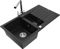 Mexen Matias granite sink 1.5-bowl with drainer and Duero kitchen tap, black - 6502-77-671600-00