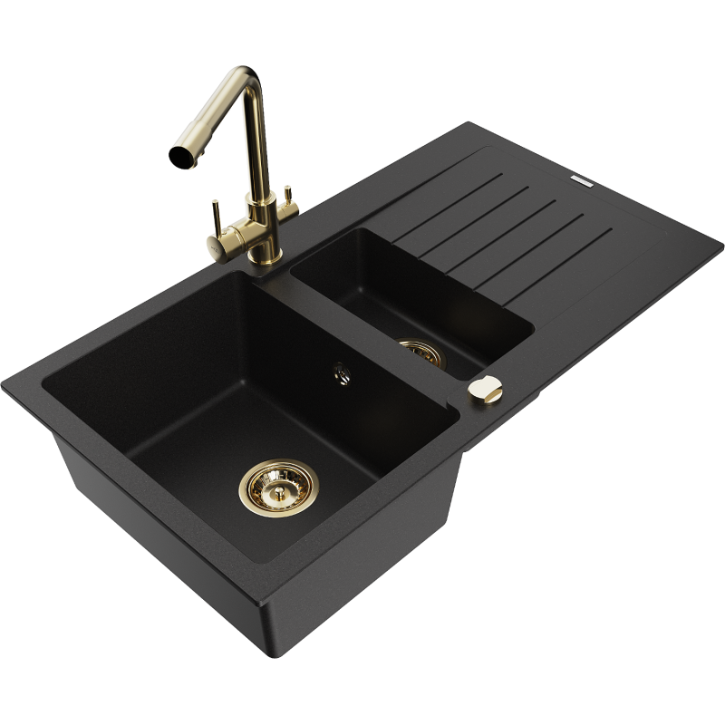 Mexen Matias 1.5-compartment granite sink with a drip tray and kitchen mixer tap Duero, Black - 6502-77-671600-50