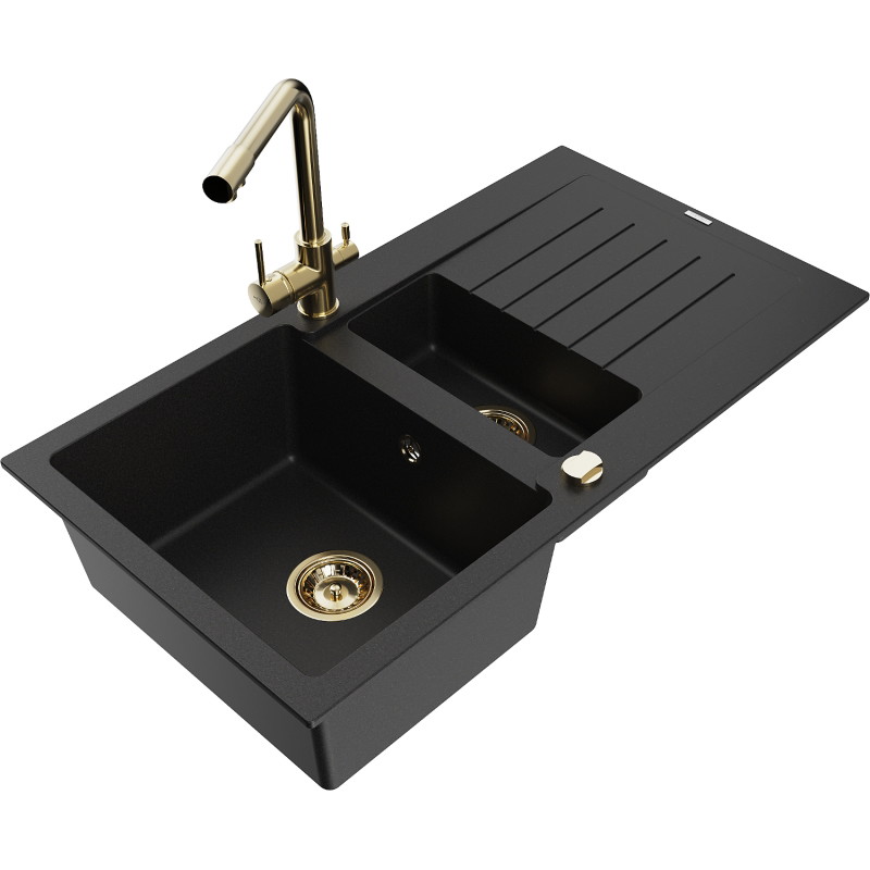 Mexen Matias granite sink 1.5-bowl with drainer and Duero kitchen faucet, black - 6502-77-671600-50