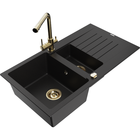 Mexen Matias 1.5-compartment granite sink with a drip tray and kitchen mixer tap Duero, Black - 6502-77-671600-50