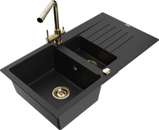 Mexen Matias granite sink 1.5-bowl with drainer and Duero kitchen faucet, black - 6502-77-671600-50