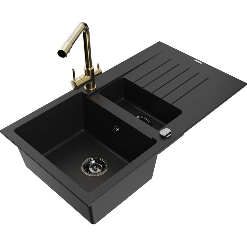 Mexen Matias 1.5-bowl granite sink with drainer and Duero kitchen faucet, black - 6502-77-671600-50-B