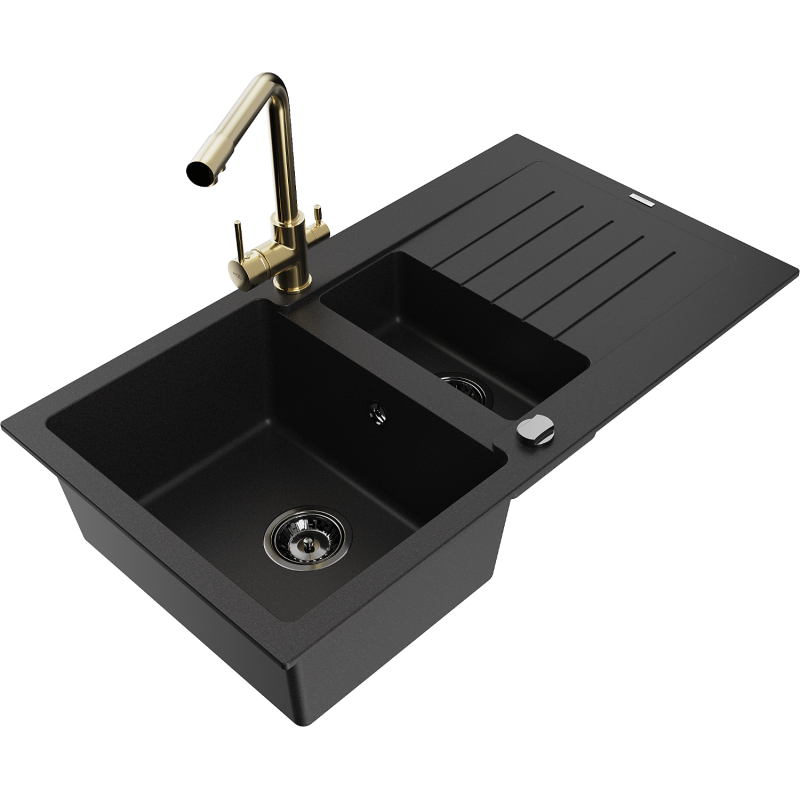 Mexen Matias granite sink 1.5-bowl with drainer and Duero kitchen tap, black - 6502-77-671600-50-B
