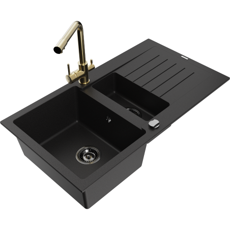Mexen Matias 1.5-compartment granite sink with a drip tray and kitchen mixer tap Duero, Black - 6502-77-671600-50-B