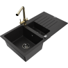 Mexen Matias granite sink 1.5-bowl with drainer and Duero kitchen faucet, black - 6502-77-671600-50-B