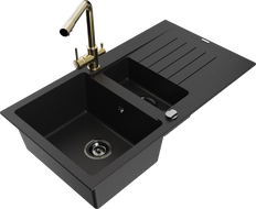 Mexen Matias 1.5-bowl granite sink with drainer and Duero kitchen faucet, black - 6502-77-671600-50-B