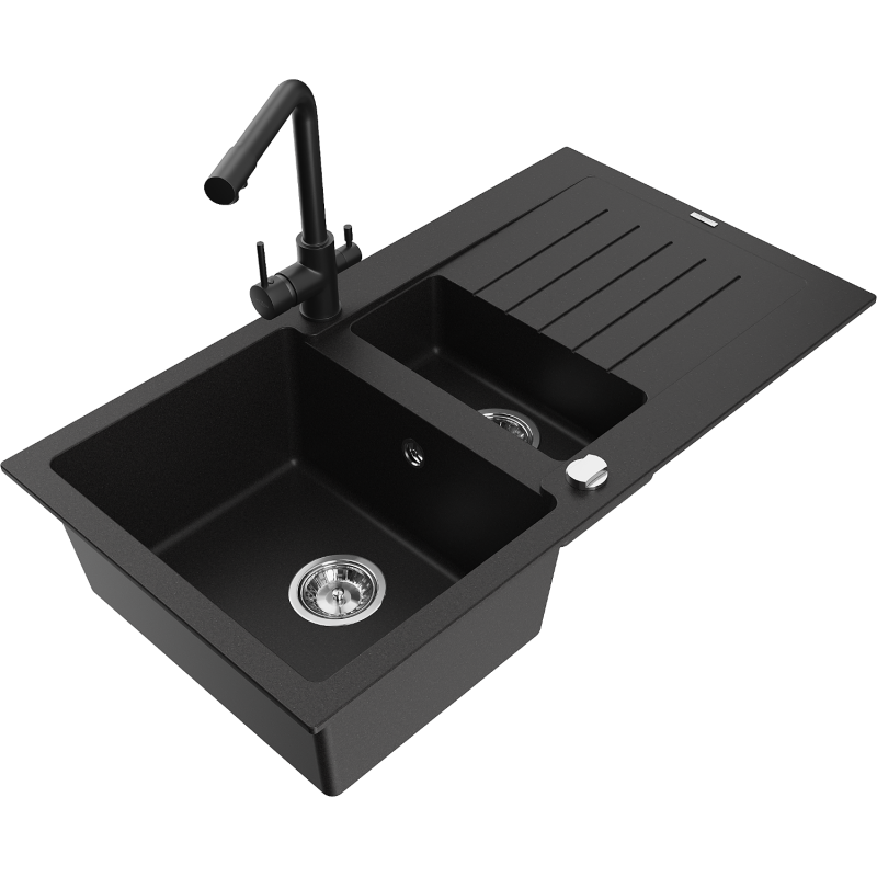 Mexen Matias 1.5-compartment granite sink with a drip tray and kitchen mixer tap Duero, Black - 6502-77-671600-70