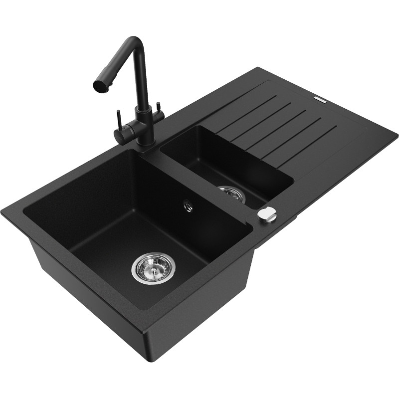 Mexen Matias granite sink 1.5-bowl with drainer and kitchen faucet Duero, black - 6502-77-671600-70