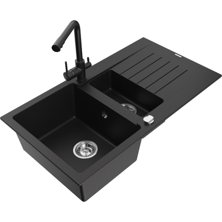 Mexen Matias 1.5-compartment granite sink with a drip tray and kitchen mixer tap Duero, Black - 6502-77-671600-70