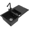Mexen Matias granite sink 1.5-bowl with drainer and Duero kitchen faucet, black - 6502-77-671600-70