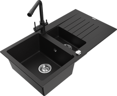 Mexen Matias 1.5-compartment granite sink with a drip tray and kitchen mixer tap Duero, Black - 6502-77-671600-70