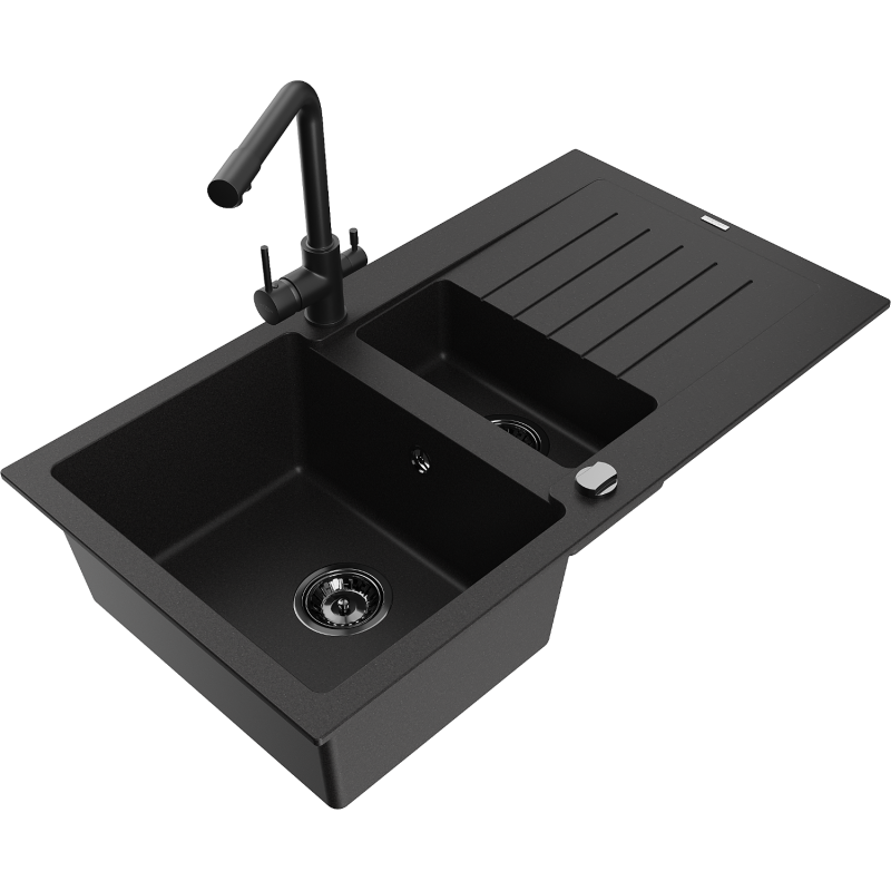 Mexen Matias 1.5-compartment granite sink with a drip tray and kitchen mixer tap Duero, Black - 6502-77-671600-70-B