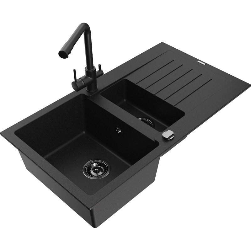 Mexen Matias granite sink 1.5-bowl with drainer and Duero kitchen faucet, black - 6502-77-671600-70-B