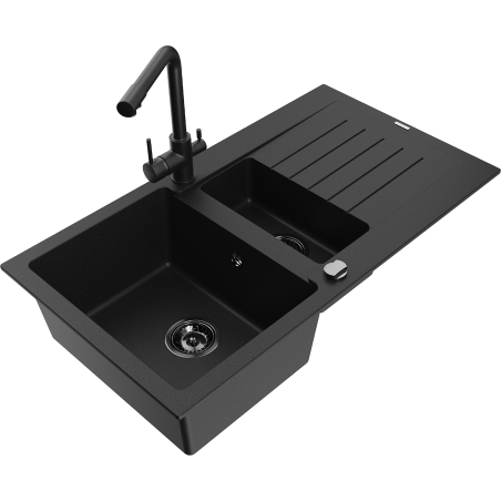 Mexen Matias 1.5-compartment granite sink with a drip tray and kitchen mixer tap Duero, Black - 6502-77-671600-70-B