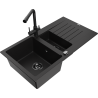Mexen Matias 1.5-bowl granite sink with drainer and Duero kitchen faucet, black - 6502-77-671600-70-B