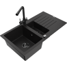 Mexen Matias 1.5-compartment granite sink with a drip tray and kitchen mixer tap Duero, Black - 6502-77-671600-70-B