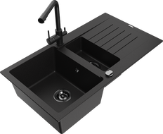 Mexen Matias 1.5-bowl granite sink with drainer and Duero kitchen faucet, black - 6502-77-671600-70-B