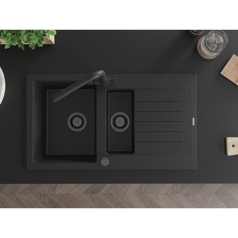 Mexen Matias granite sink 1.5-bowl with drainer and Duero kitchen tap, black - 6502-77-671600-70-B