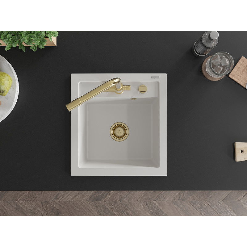 Mexen Vito granite sink 1-bowl with Duero kitchen tap, white - 6503-20-671600-50