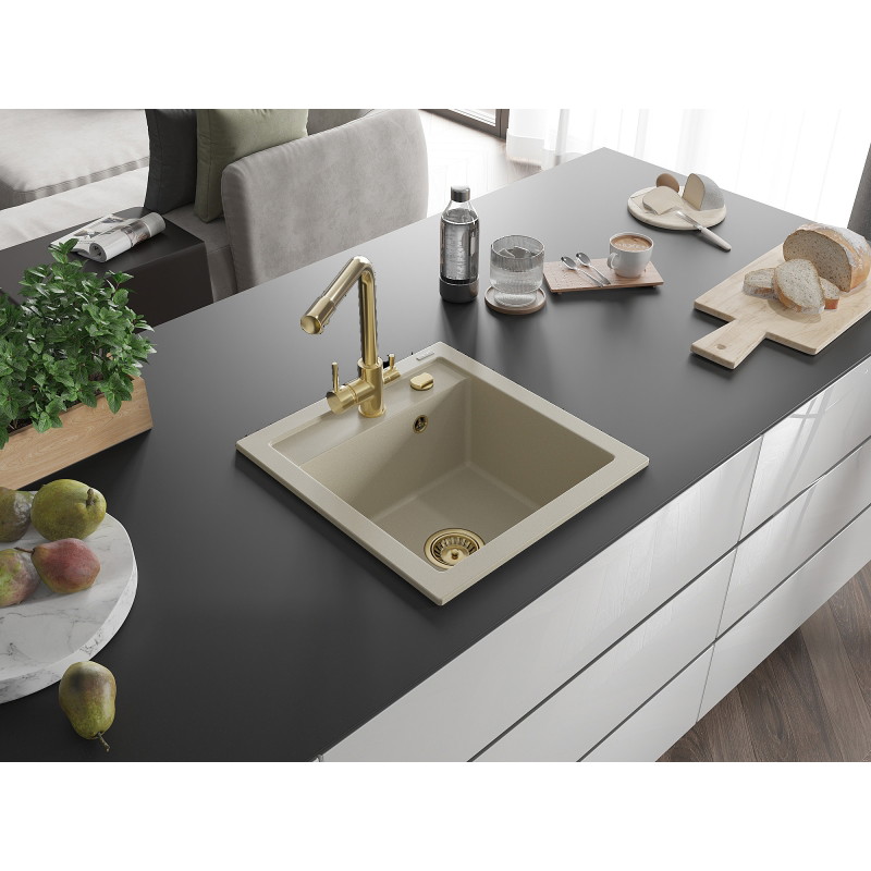 Mexen Vito 1-bowl granite sink with Duero kitchen faucet, beige - 6503-69-671600-50